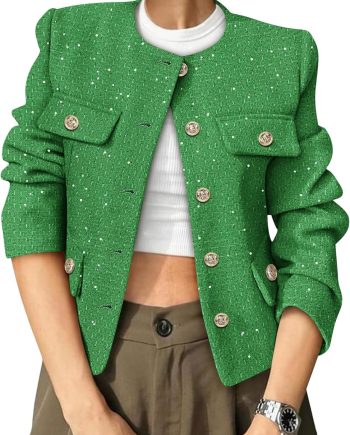 Women's Tweed Blazers Trendy Fall Casual Collarless Button Down Sequin Tops Cropped Jackets with Pockets