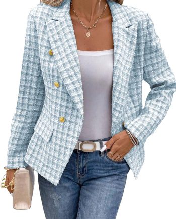 2025 Fall Women's Tweed Plaid Blazer Jacket - Fashion Slim Fully-Lined Double-Breasted Casual Work Coat (Pockets)