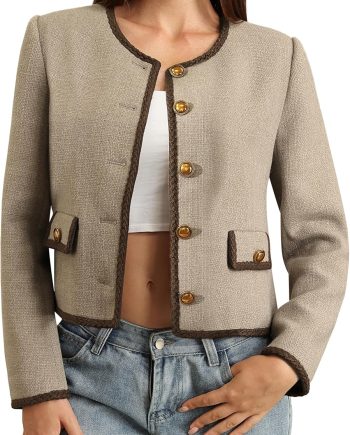 Womens Cropped Tweed Jackets with Pockets, Collarless Shackets Casual Outerwear Golden Button Down Vintage Blazer
