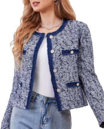 Womens Tweed Blazer Jacket, Cropped Long Sleeve Blazers with Pockets Crewneck Open Front Collarless